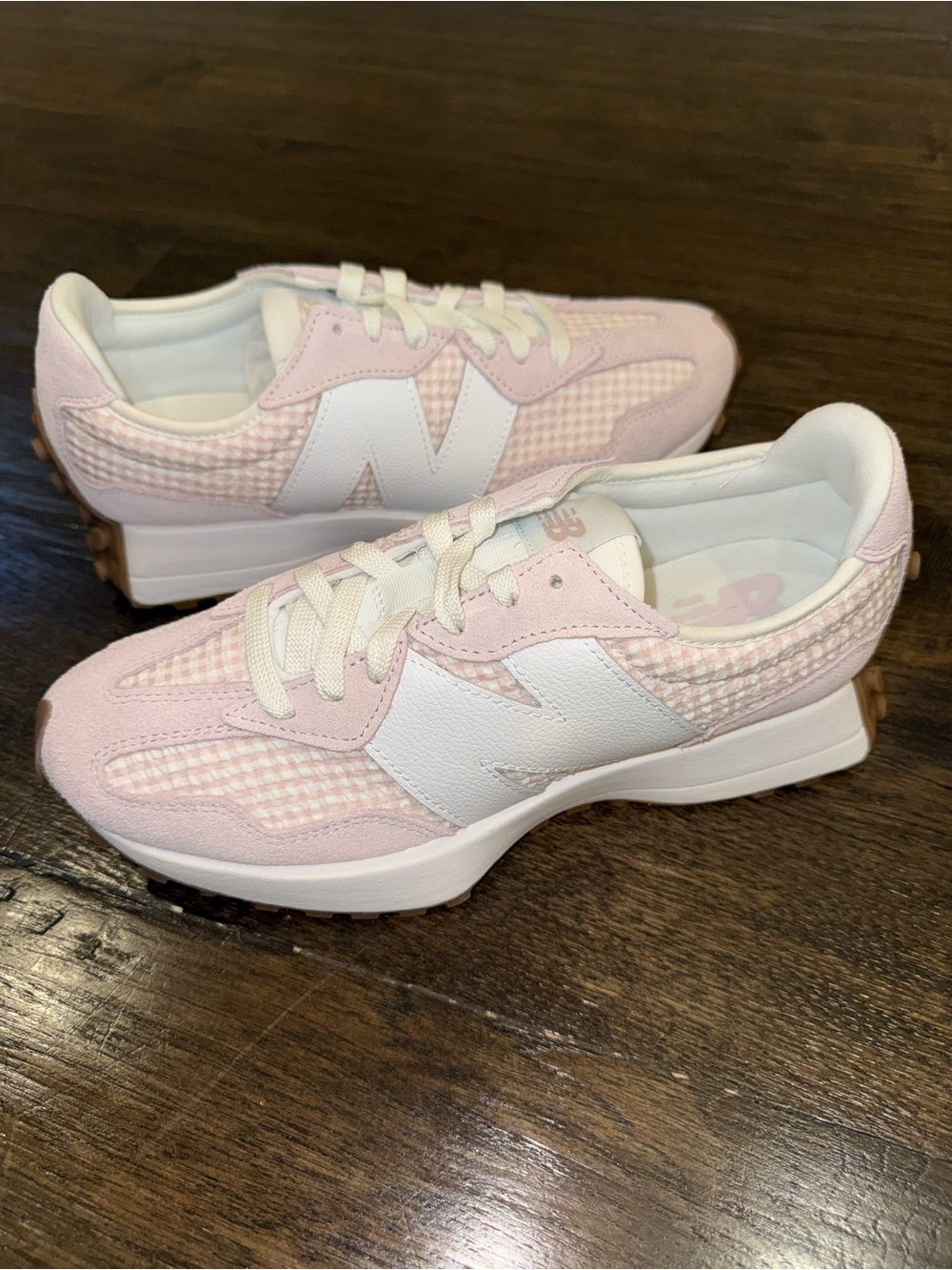 New Balance 327 Pink & White Gingham Women's Retro Runner Sneaker - Picture 8 of 16